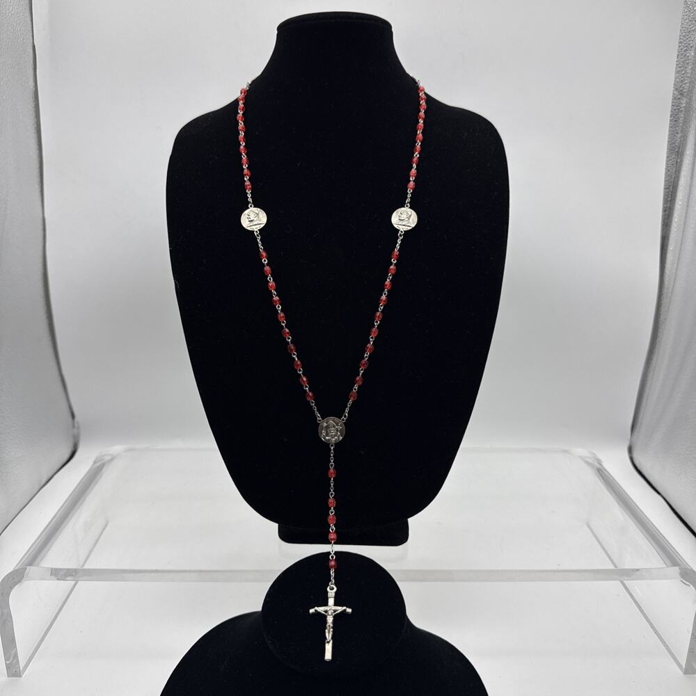 Pope John Paul II vtg red Austrian crystal beaded Catholic Rosary Prayer beads